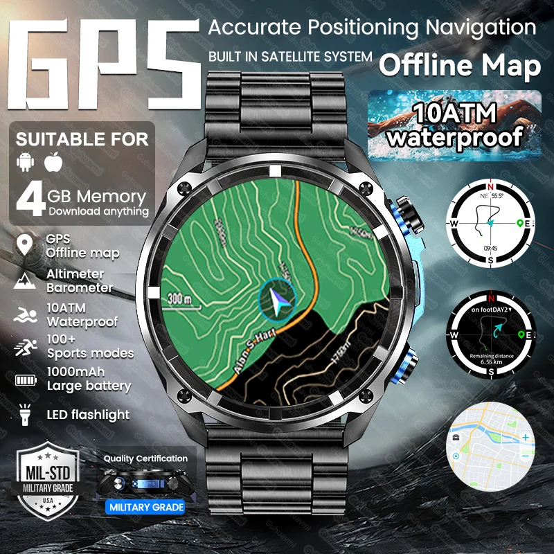 

Built in GPS Map Military Outdoor Smart Watch 1000mAh Battery 4GB Memory HD Bluetooth Call Men Waterproof Swim Sports Smartwatch
