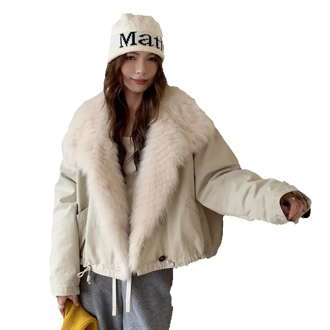 Peach Wulong 2025 Winter New Loose Korean-style lapel fox fur white goose down jacket Parker Fur women