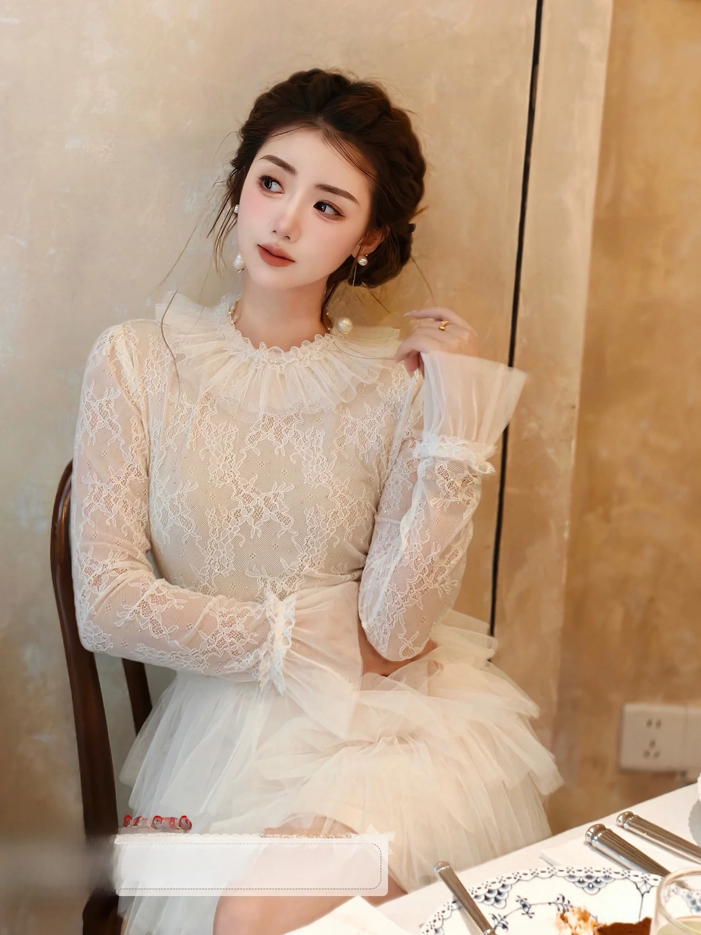 

Ele High Waist Lace Long Sve A-Line Dr Cake Skirt Sle Women's Faion Spring Autumn Ice Ice Came Little Waltz