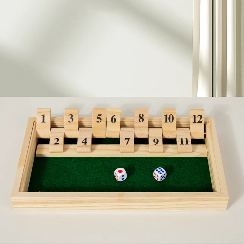 Shut The Box-Spiel – Zahlenbrettspiel aus Holz mit zwei Würfeln, tragbares Reise-Familien-Partyspiel für Erwachsene und Jugendliche, Strategiespiel