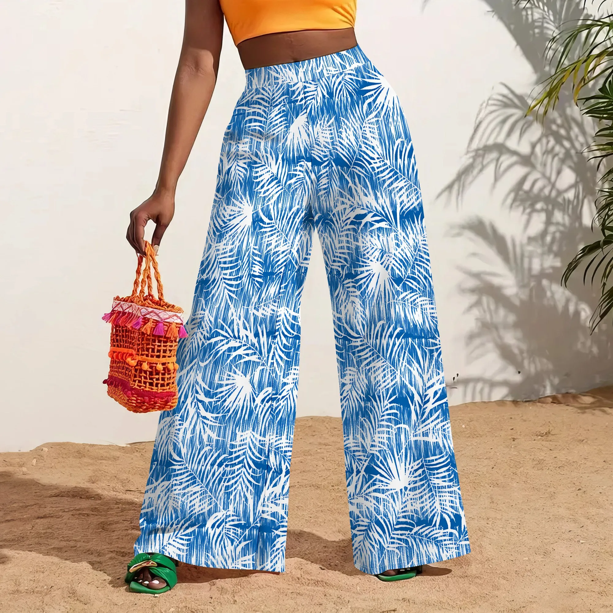 Ethnic Black Paisley Patch Print High Waist Wide Leg Pants Bohemian Summer Trousers