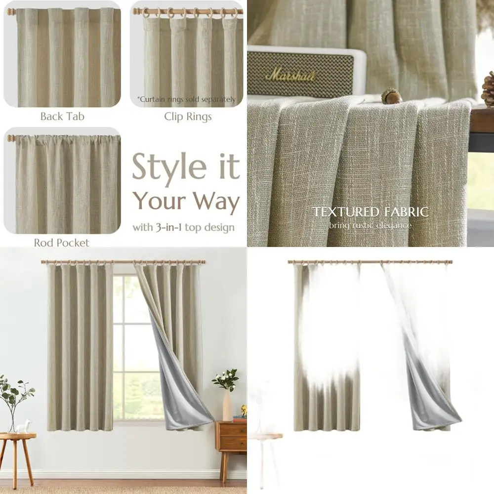 

Linen-Textured Blackout Curtains, 63 French Country Style, 2 Tan Panels for Bedroom & Living Room