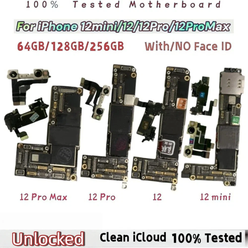 Tested Authentic Unlocked Mainboard For iPhone 12 Pro Max Motherboard With Face ID For 12 mini 12 Pro Cleaned iCloud Logic Board