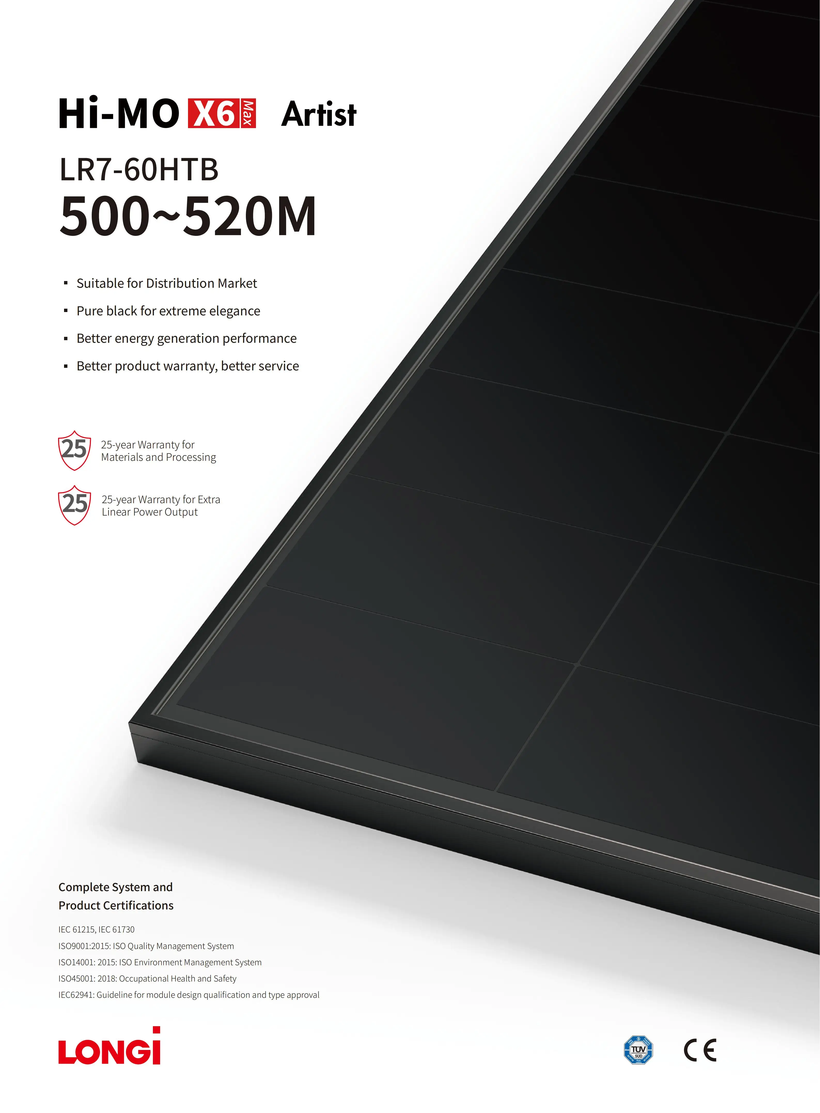 Solar Hi-MOX6 MAX 60HTB 500W zonnepaneel enkel glas 3,2 mm gecoat gehard glas geheel zwart LONGi