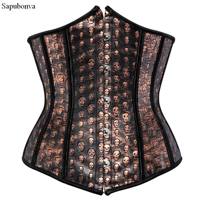 

Sapubonva Leather Corset Underbust Bustier Sexy Brown Overbust Corset with Skull Print Pirate Costume Dancer Top Plus Size