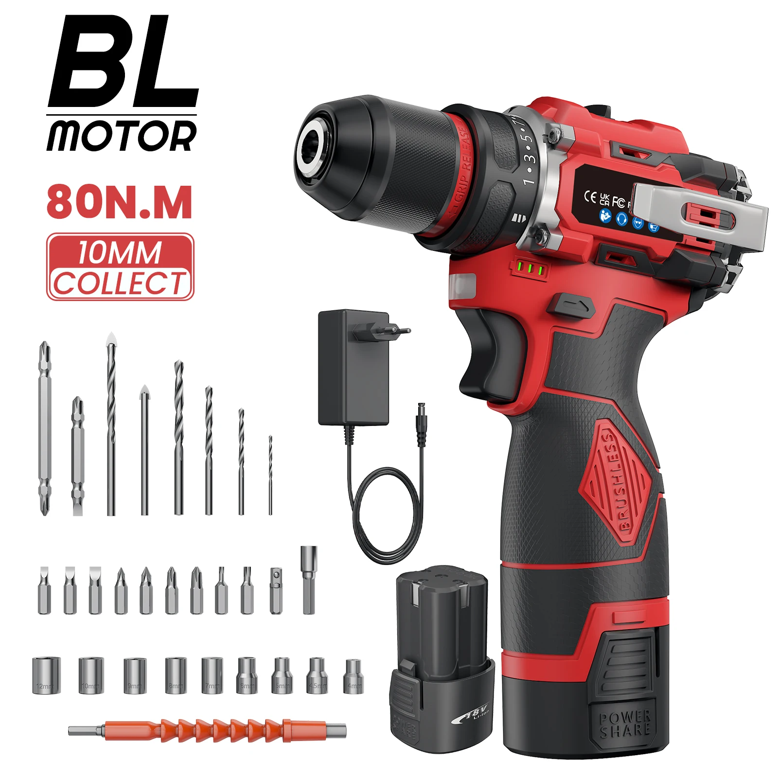 Perceuse à percussion électrique sans balais 80 Nm 16,8 V avec lumière LED, visseuse sans fil à 2 vitesses réglables, outil électrique