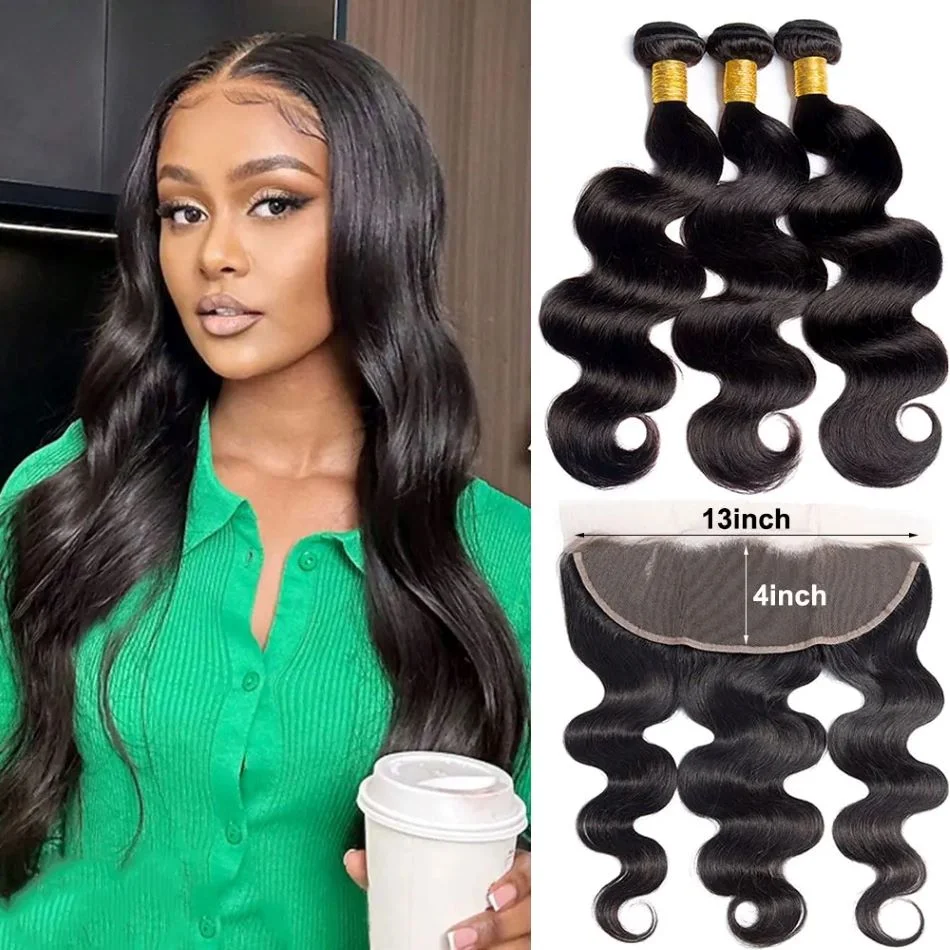 28 30Inch Body Wave Double Drawn Human Hair Bundles with Frontal 13x4 Peruvian Hair Bundles Remy 100% Human Hair Extension