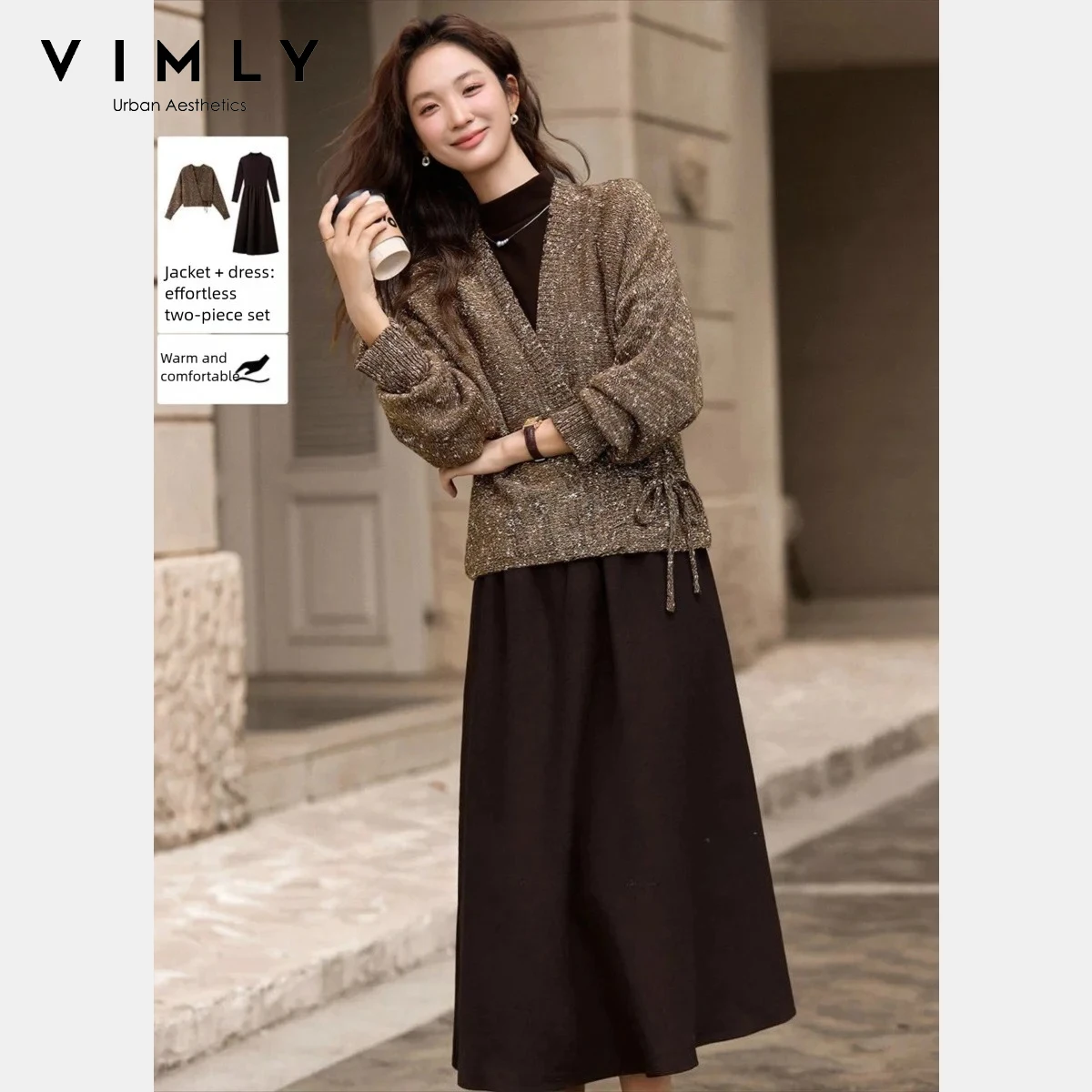 VIMLY Maillard New Two Piece Set for Women 2026 V Neck Criss Cross Cardigan A Line Dress Knitted Women Winter Suit Set 30362