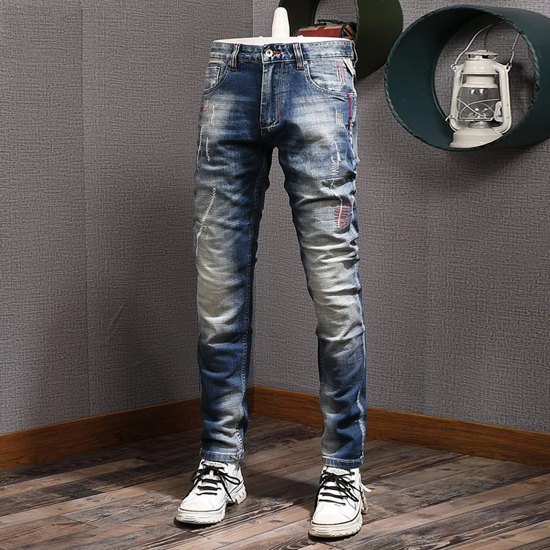 Men's Y2K Fashionable Slim Fit Jeans Elastic Waist Nostalgic Washed Blue Designer Retro Scratch Pants
