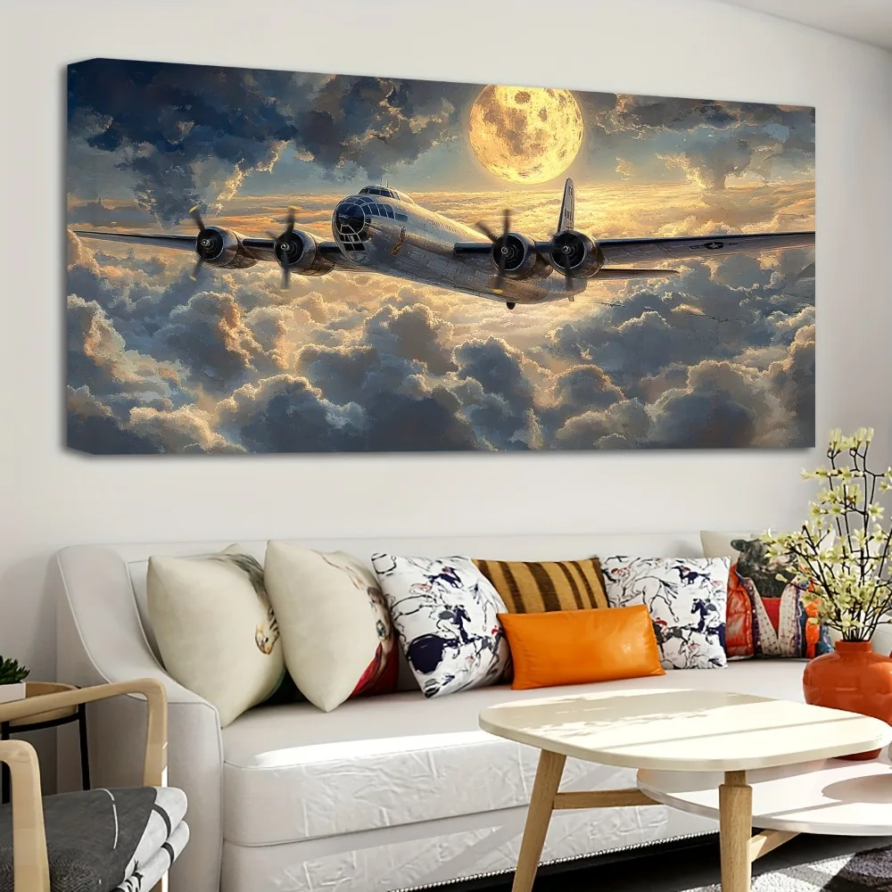 1.5 inch thick pine solid wood frame, World War II aircraft photo poster, fantasy cloud poster, printed modern canvas painting