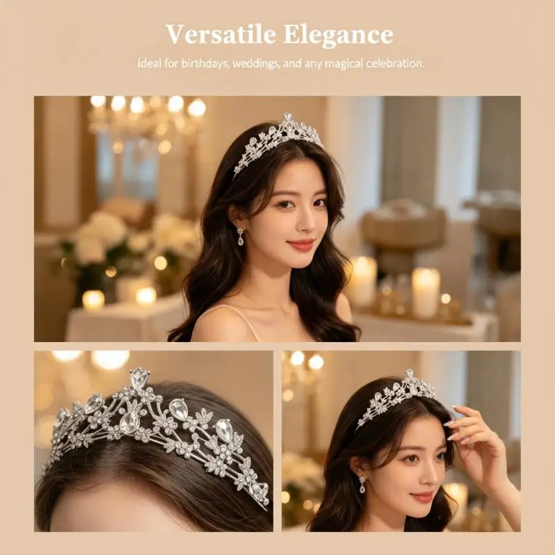 New Hypoallergenic Silver Rhinestone Bridal Tiara Sparkling Floral Clear Crystals for Wedding Birthday Pageant