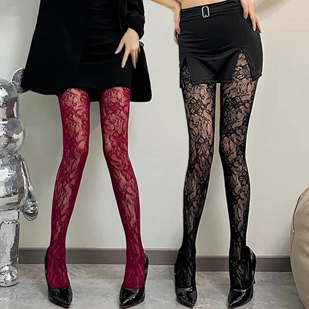 Schwarze Blumen-Lolita-Damenstrümpfe, klassische Spitzen-Mesh-Strümpfe, Strumpfhosen mit Hohlmuster, Lolita-Retro-Blumen-Rattan-Strumpfhosen