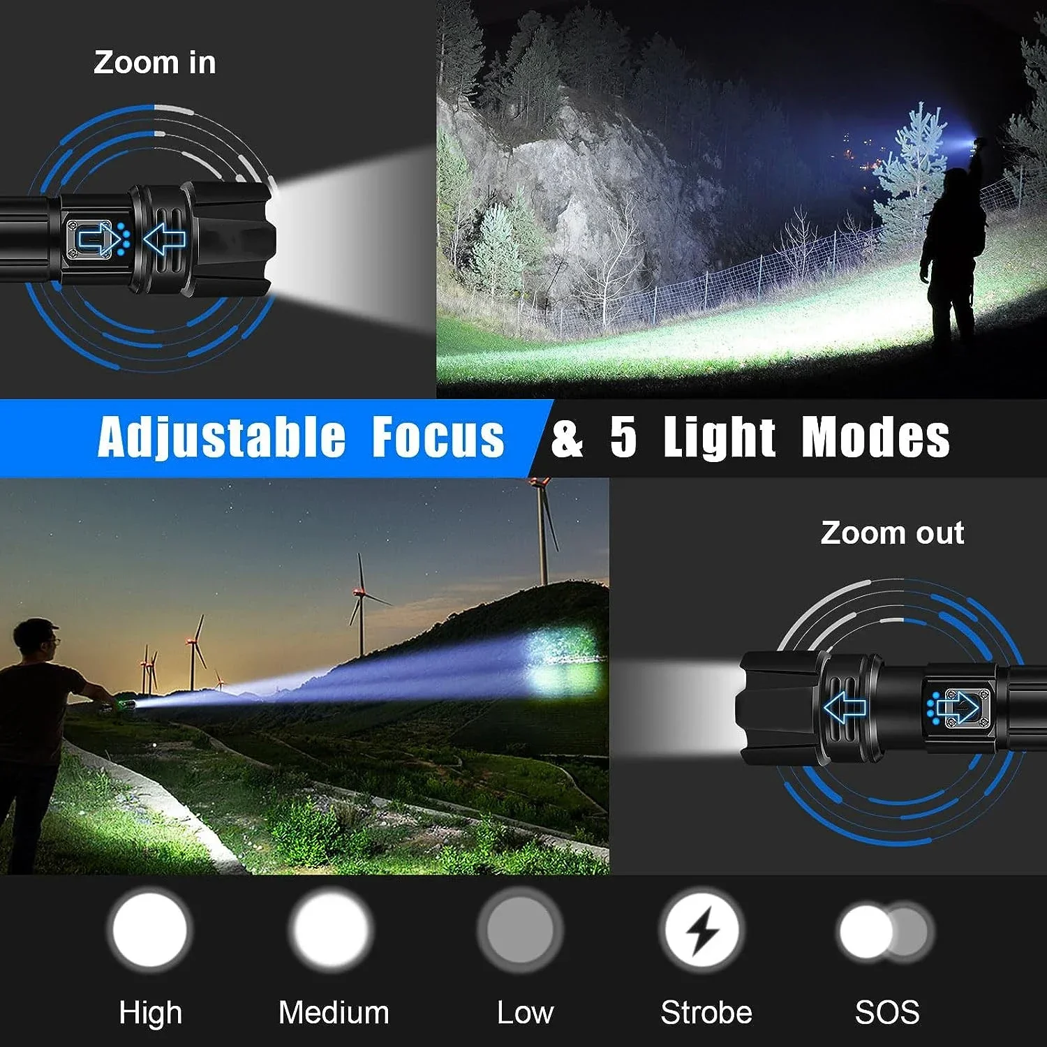 Powerful LEP Flashlight USB Rechargeable Zoomable Emergency Torch Super Bright Spotlight Long Range Tactical Camping Lantern