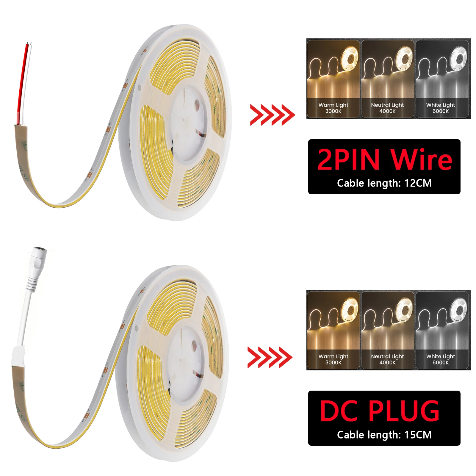 480Leds/M COB LED Strip Light Side-Emitting DC 24V High Density Flexible Tape 3000K 4000K 6000K for Room Backlight Decor 8MM PCB