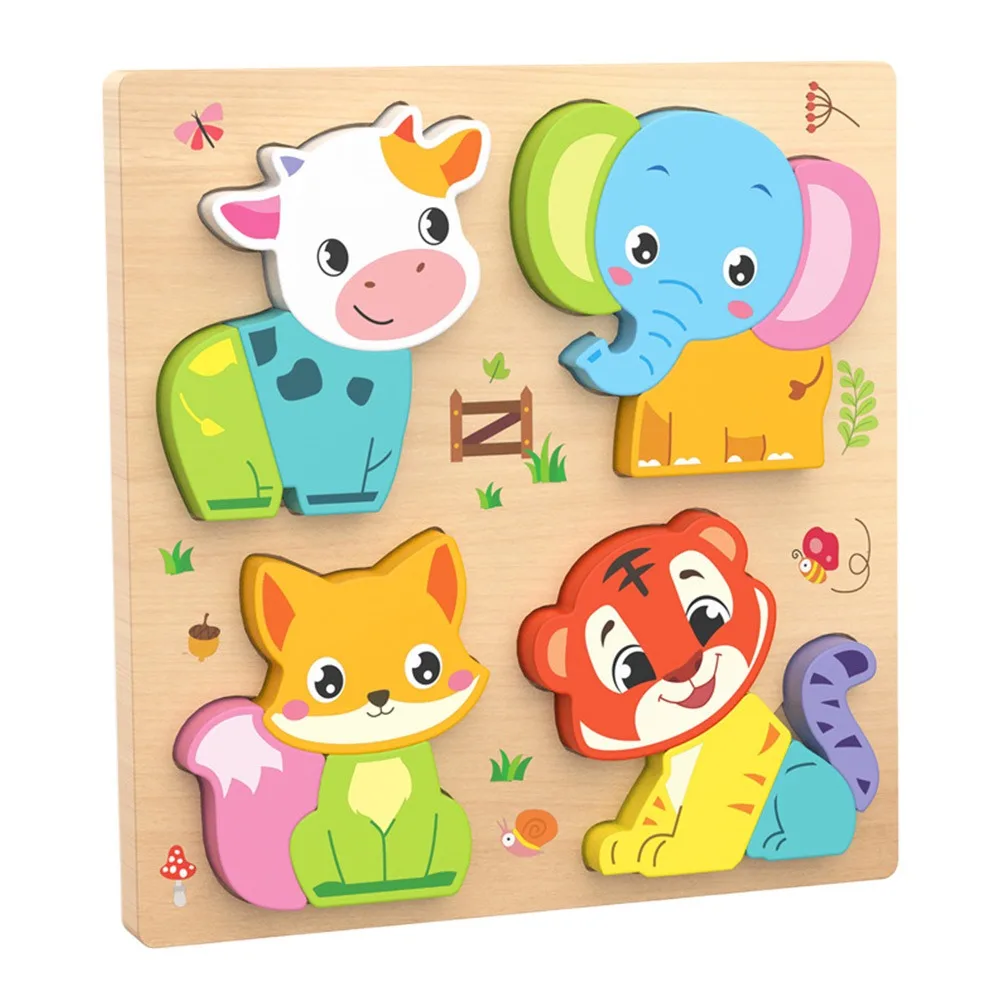 Multicolor Wooden 3D Puzzle Fruits Dinosaur Cartoon Animal Early Education Puzzle Hand-eye Coordination English Learning Puzzle