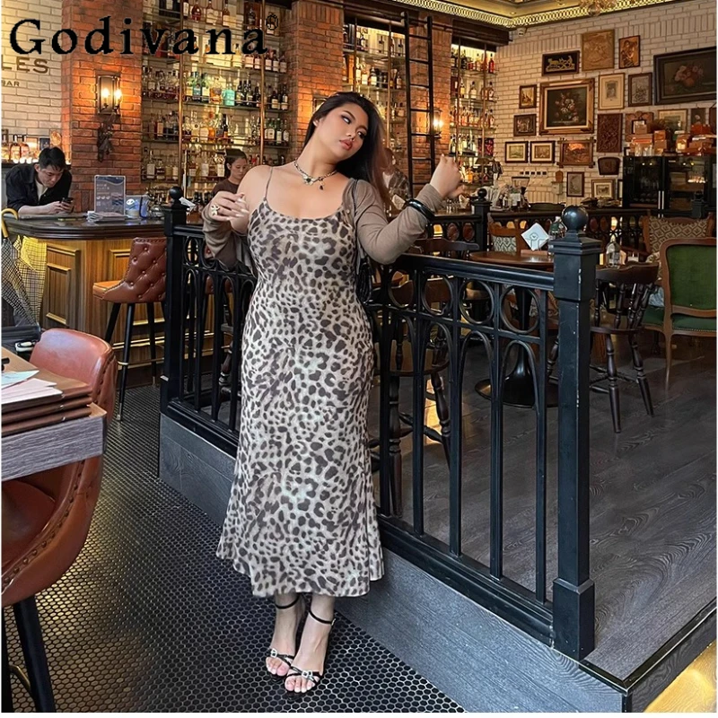 

Summer Large Size Slim Sweet Cool Girl Leopard Print Suspender Dress European American Street High Waist Split Long Dresses