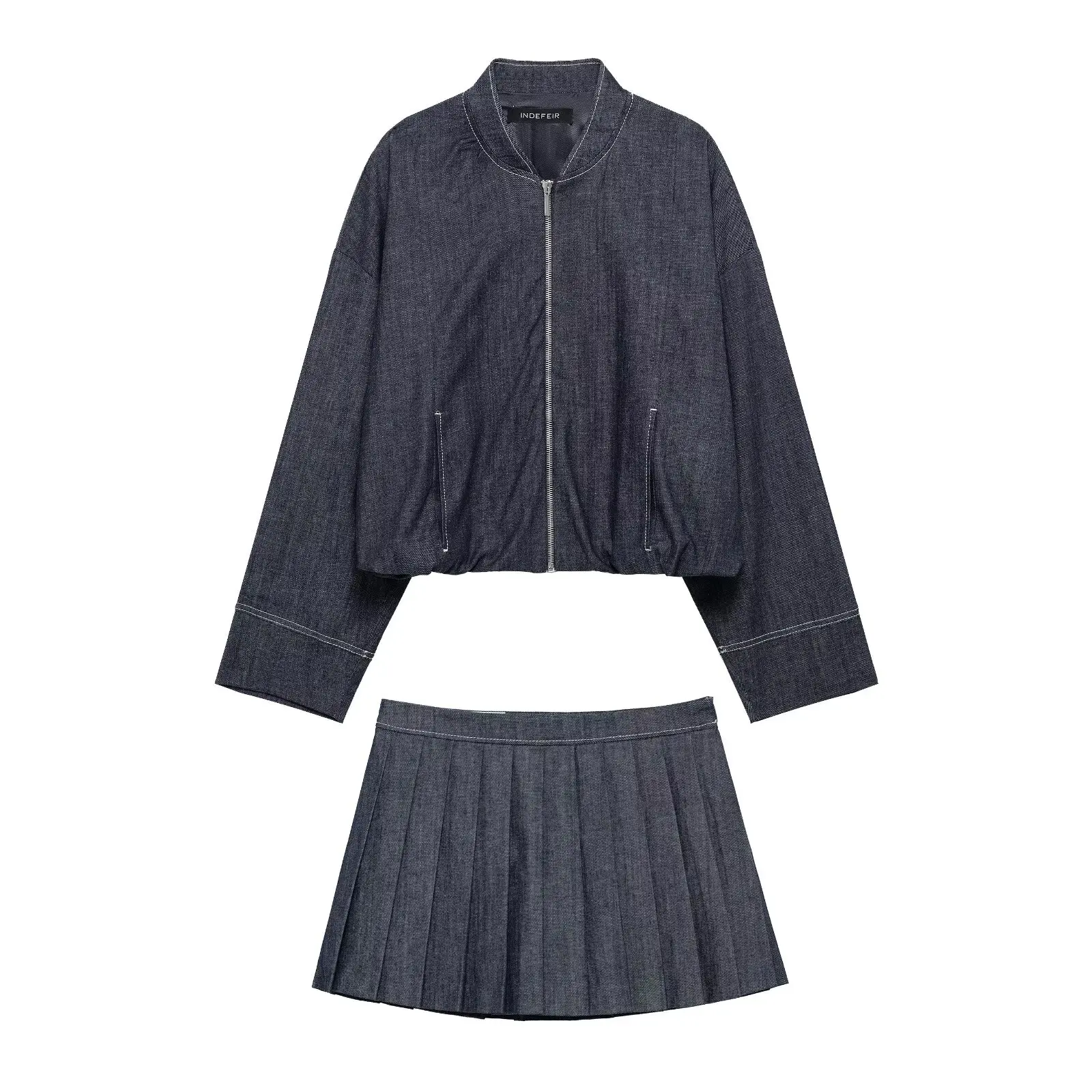 HH Frauen Mode Denim Jacke Röcke Sets O Hals Lange Sleeve Zipper Mantel Hohe Taille Schlank Mini Rock Casual Weibliche Streetwear – Detail 3