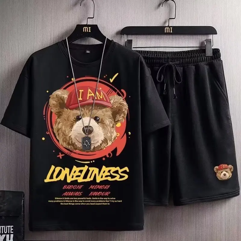 Summer Short Men Suits Bear Men's Sets Cotton Cartoon T-shirt Sport Shorts  High Quality Trend Printed Tracksuit Men Clothing