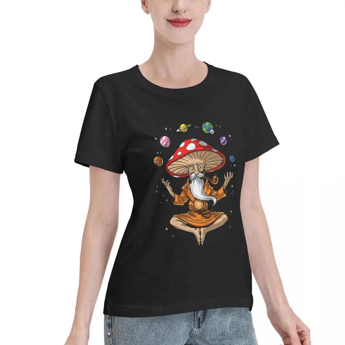 Premium Fabric Magic Mushroom Buddha Women's T-shirt Grunge Plain Cotton Top