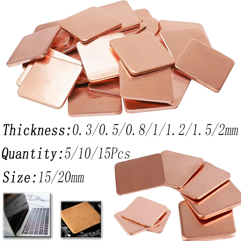 5/10/15Pcs Copper Shim Sheet for Laptop Repair, 0.3-2mm Thermal Conductivity Pad for GPU CPU VGA RAM Chip Heatsink Cooling