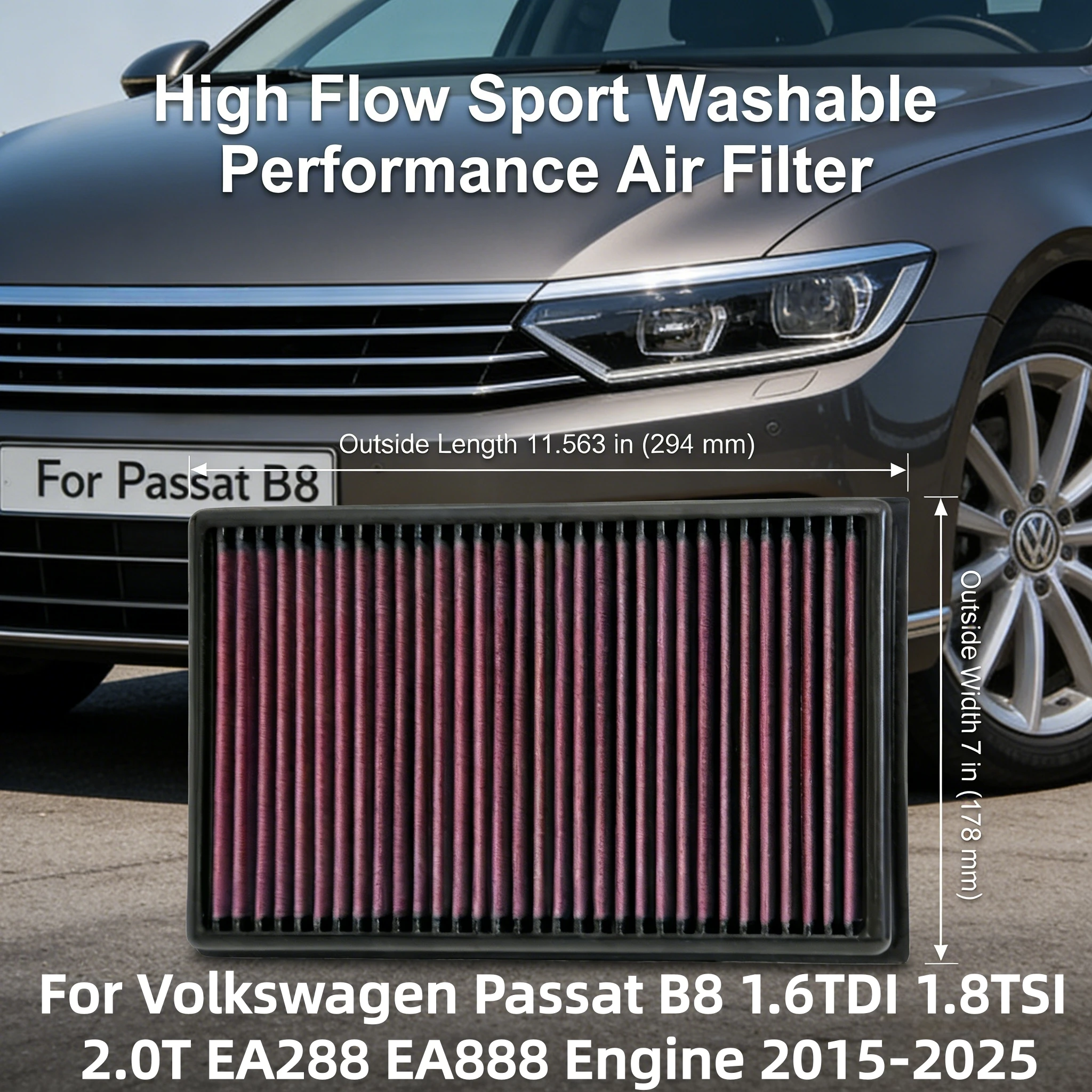 High Flow Sport Washable Performance For Volkswagen Passat B8 Air Filter 1.6TDI 1.8TSI 2.0T EA288 EA888 Engine 2015-2025 33-3005