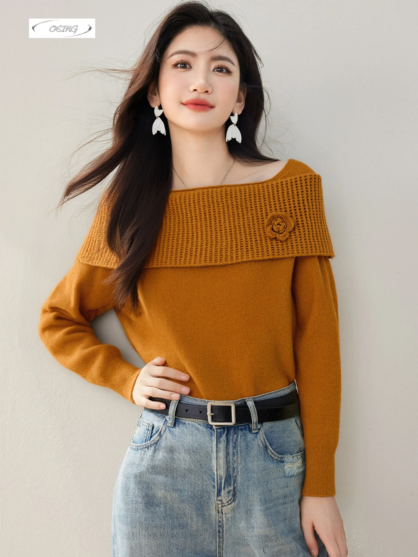 

Fashion Flower One Shoulder Long Sleeved Knitted Sweater Women Autumn Winter Tops Elegant Sweet Orange Knitwear Female 9733