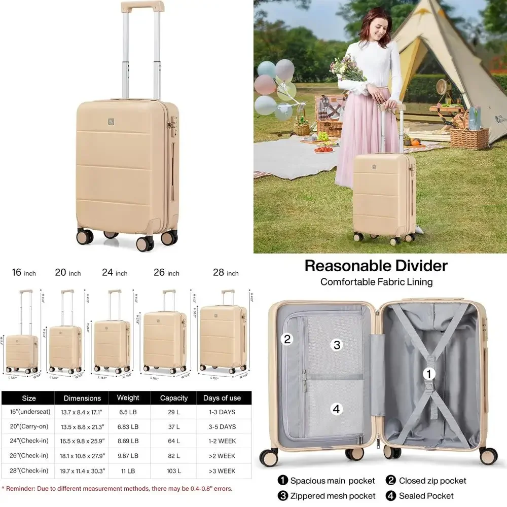 

20-дюймовая ручная кладь, одобренная авиакомпанией, твердый чемодан с колесиками, замок TSA, легкий вес для мужчин и женщин, дорожная сумка