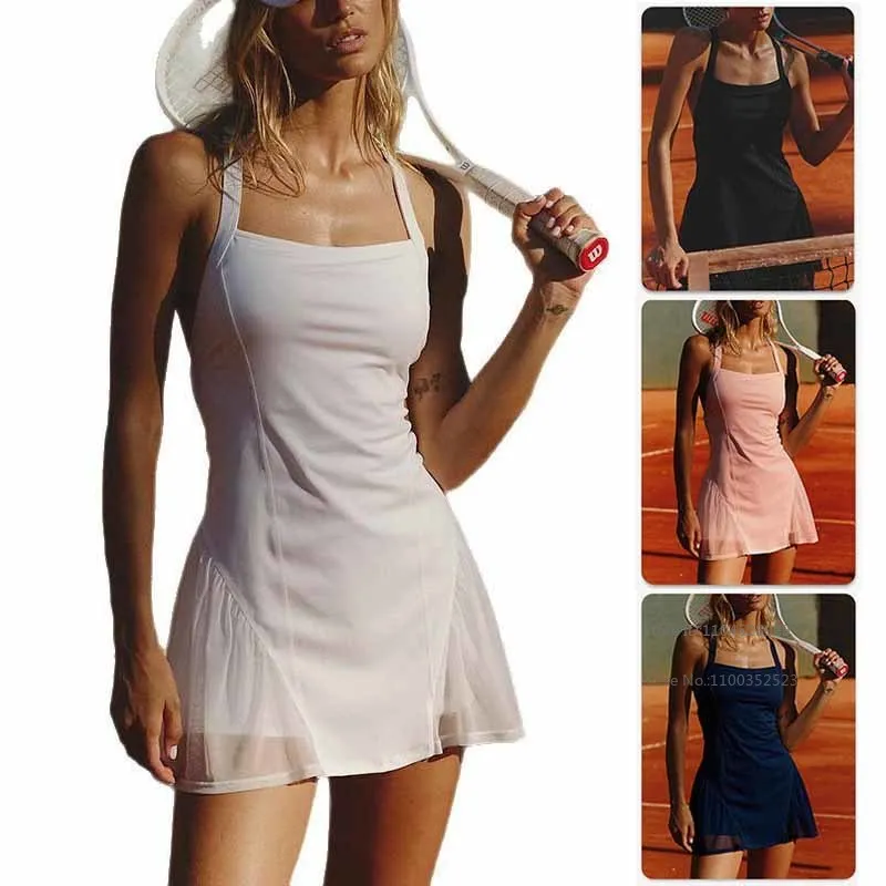 Women Tennis Yoga Dress Jumpsuit Ladies Pleated Lace Sports Dress with Bra and Short Sleeveless Badminton Leisure Skirts
