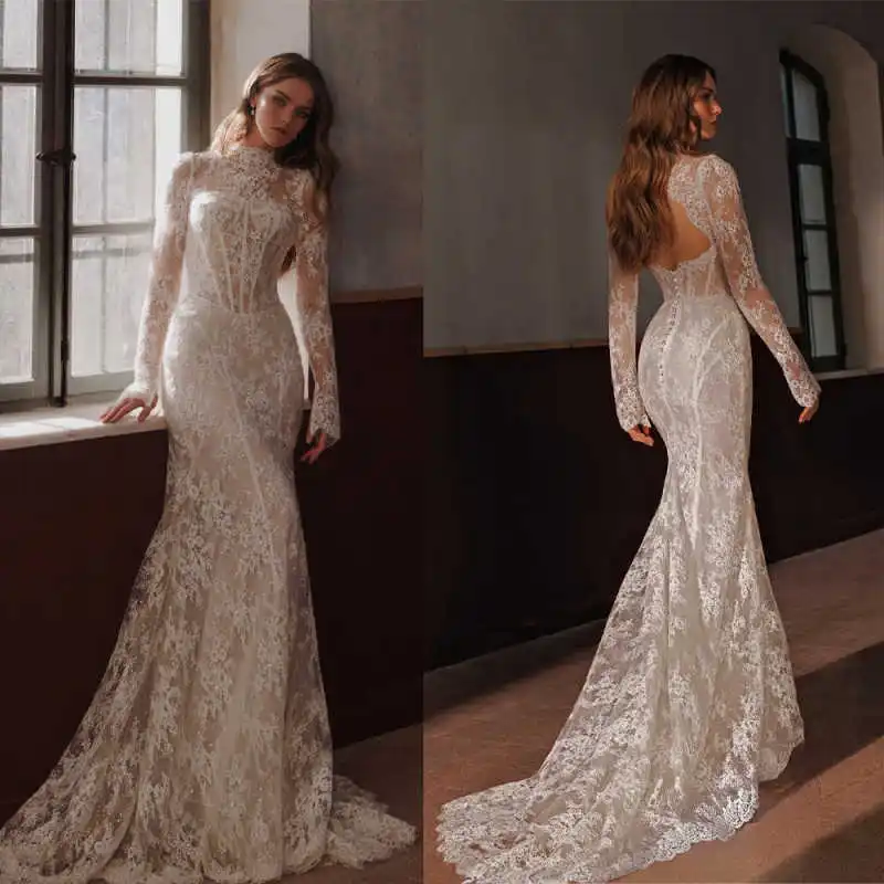 Elegante Brautkleider im Meerjungfrau-Stil mit Blumenapplikationen, Stehkragen, volle Ärmel, Pailletten, Ausschnitt, Brautkleider in Übergröße, Robe De Mariee