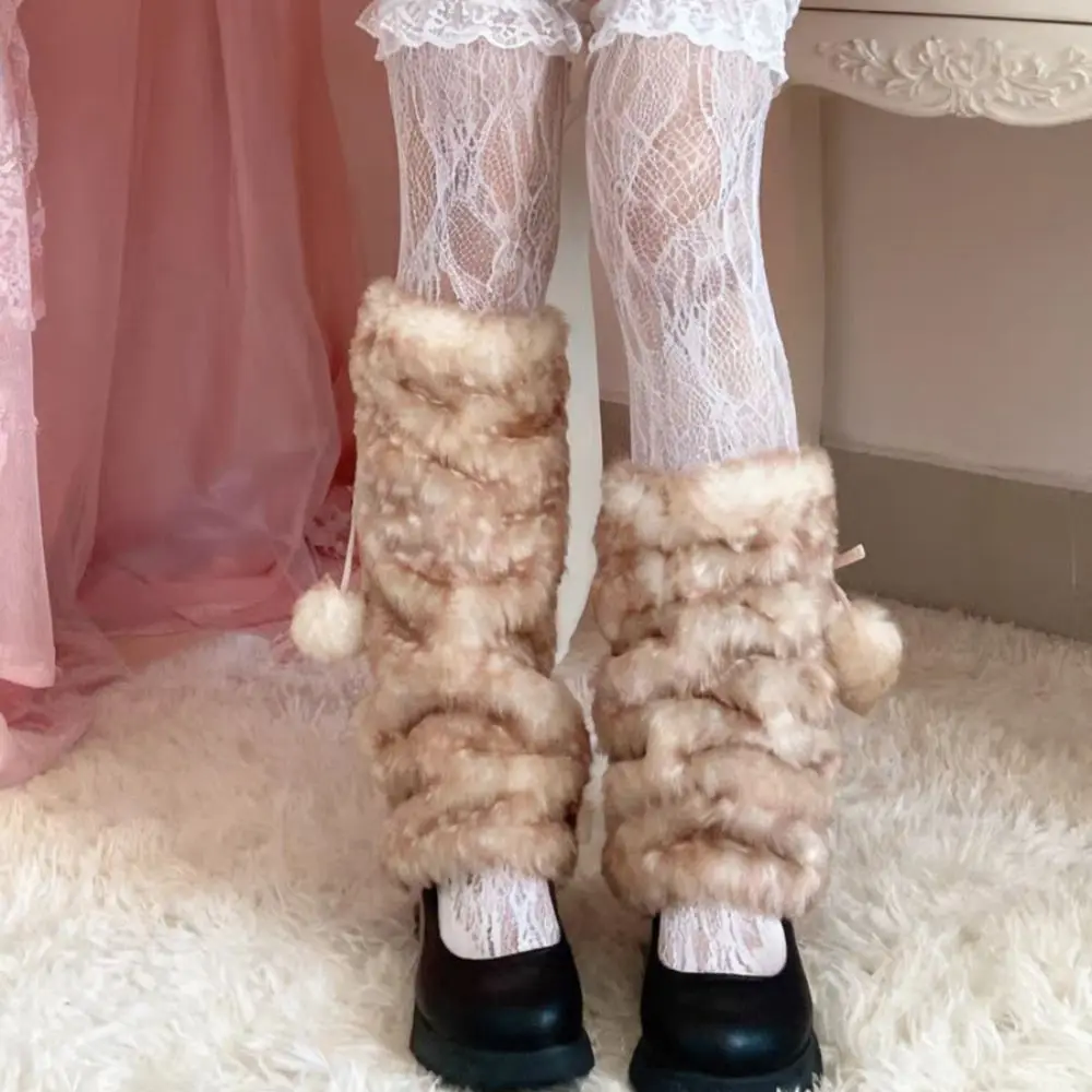 

Vintage Fawn Dot Winter Leg Warmers Fur Ball Y2k Furry Leg Warmers Lolita JK Foot Cover Long Stockings Accessories