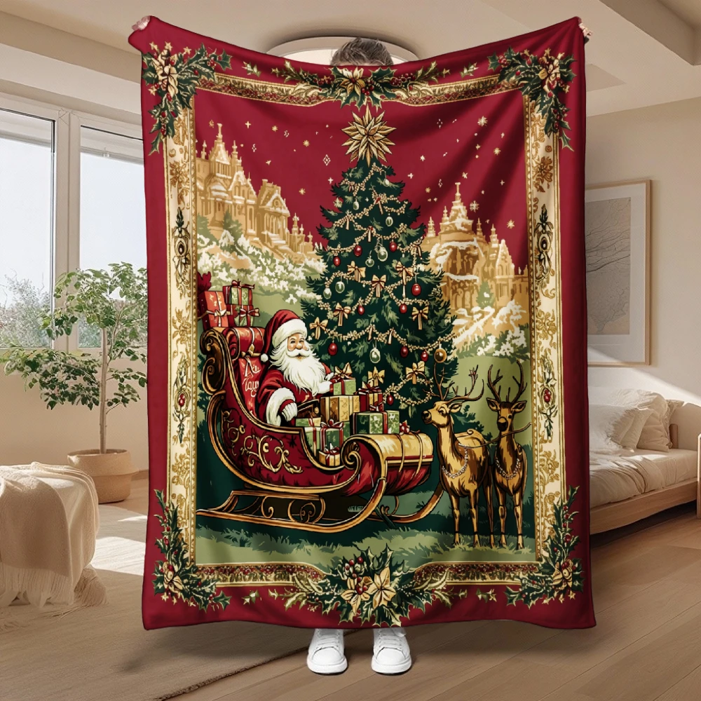Classic Santa Claus Christmas Scene, Holiday Gift for Family, Soft Fleece Blanket, Vintage Red Golden Design, Cozy Home Decor, M