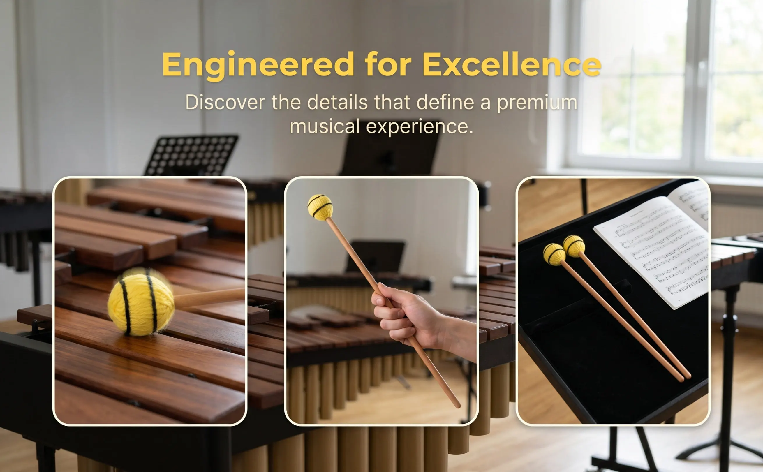 1Pair Marimba Mallets Medium Hard Yarn Head Polished Beech Handle Concert Hall Sound Indoor Outdoor Percussion Sticks Advanced