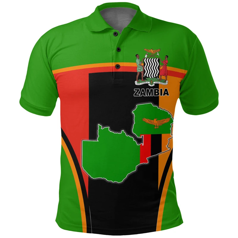 Zambia Flag Map 3D Print Polo Shirts For Men Clothes Africa Boy Short Sleeve POLO Shirt Coat Of Arms Jersey National Emblem Top