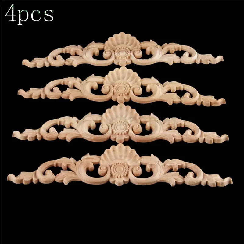 bowarepro 4pcs Wood Carved Decal Corner Onlay Decal Angle Applique Frame Door Wall Decorate Cabinet Furniture Decorative 30*6cm