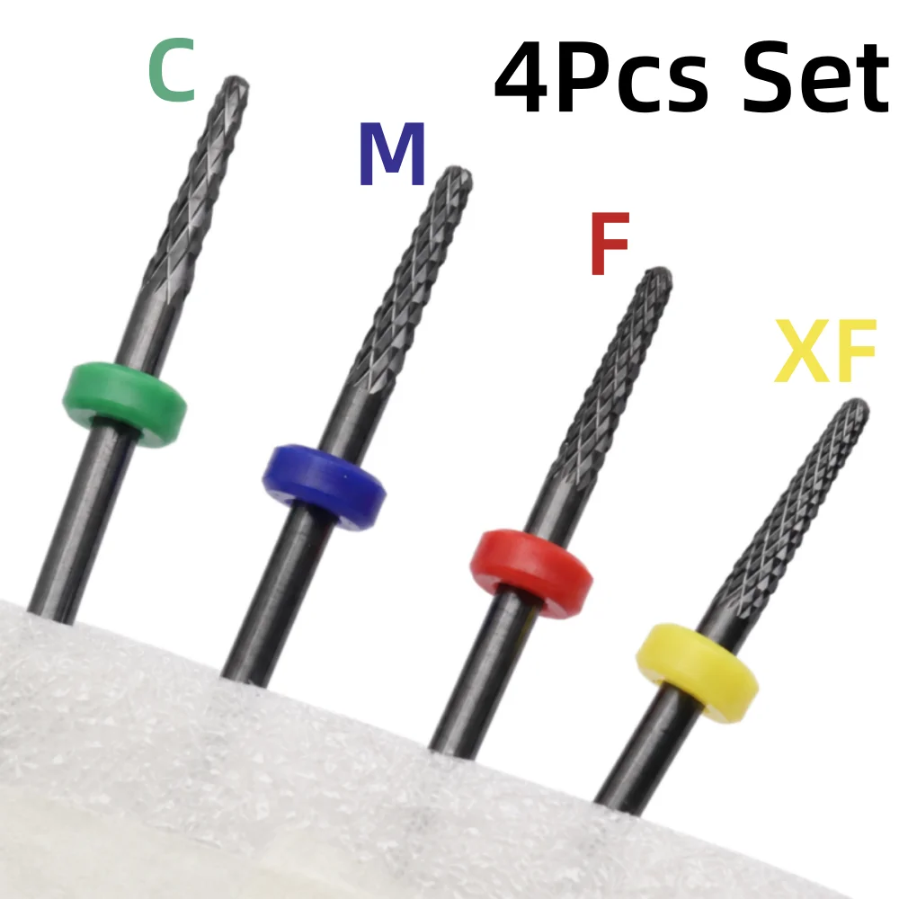4-teiliges schwarzes Keramik-Nagelbohrer-Set mit 3/32-Zoll-Schaft, C M F XF konische Bits für Nagelhautreinigung, Gel-Entfernung, Maniküre-Werkzeug