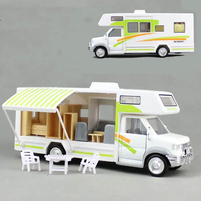 

1:32 Holiday Camper Model Car Metal Model Sound and Light Pull Back for Kids 4 Doors Opened Cars Miniature Bus Toy F462