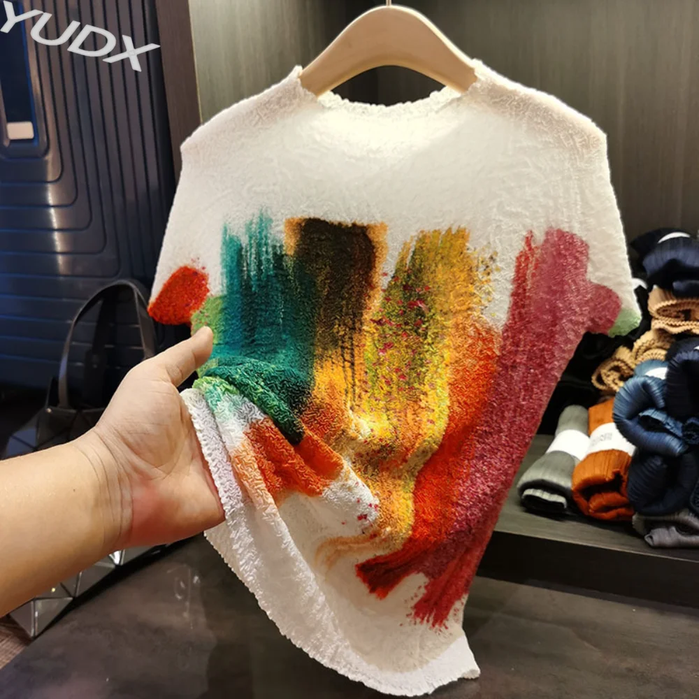 

YUDX Miyake Summer Short Sleeve T-shirt Top Women High Quality Embroidery Designer Print Women's Shirts and Blouses Clothing