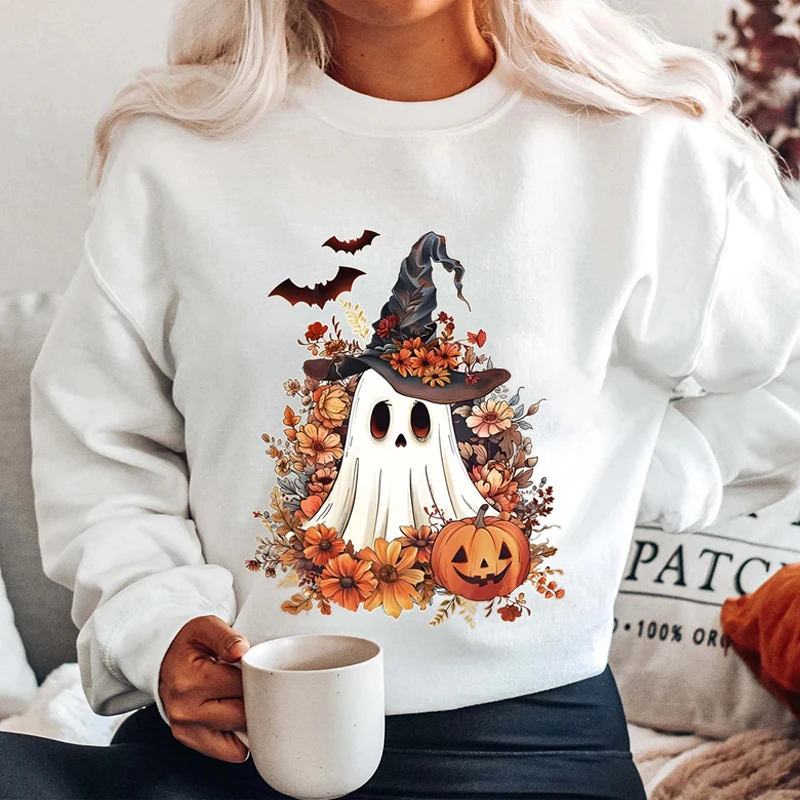 Halloween Print Crew Neck Sweatshirt, Casual Long Sleeves Pullovers For Fall & Winter, Women\'s Plus Size Sweatshirts