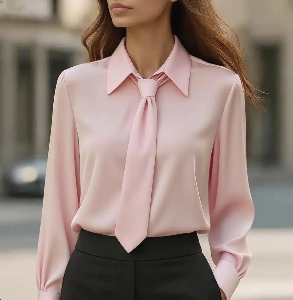 

Women's Solid Color Shirt Collared Tie Neck Long Sleeve Blouse Stylish Formal Outfit For Work Office & Business Occasions