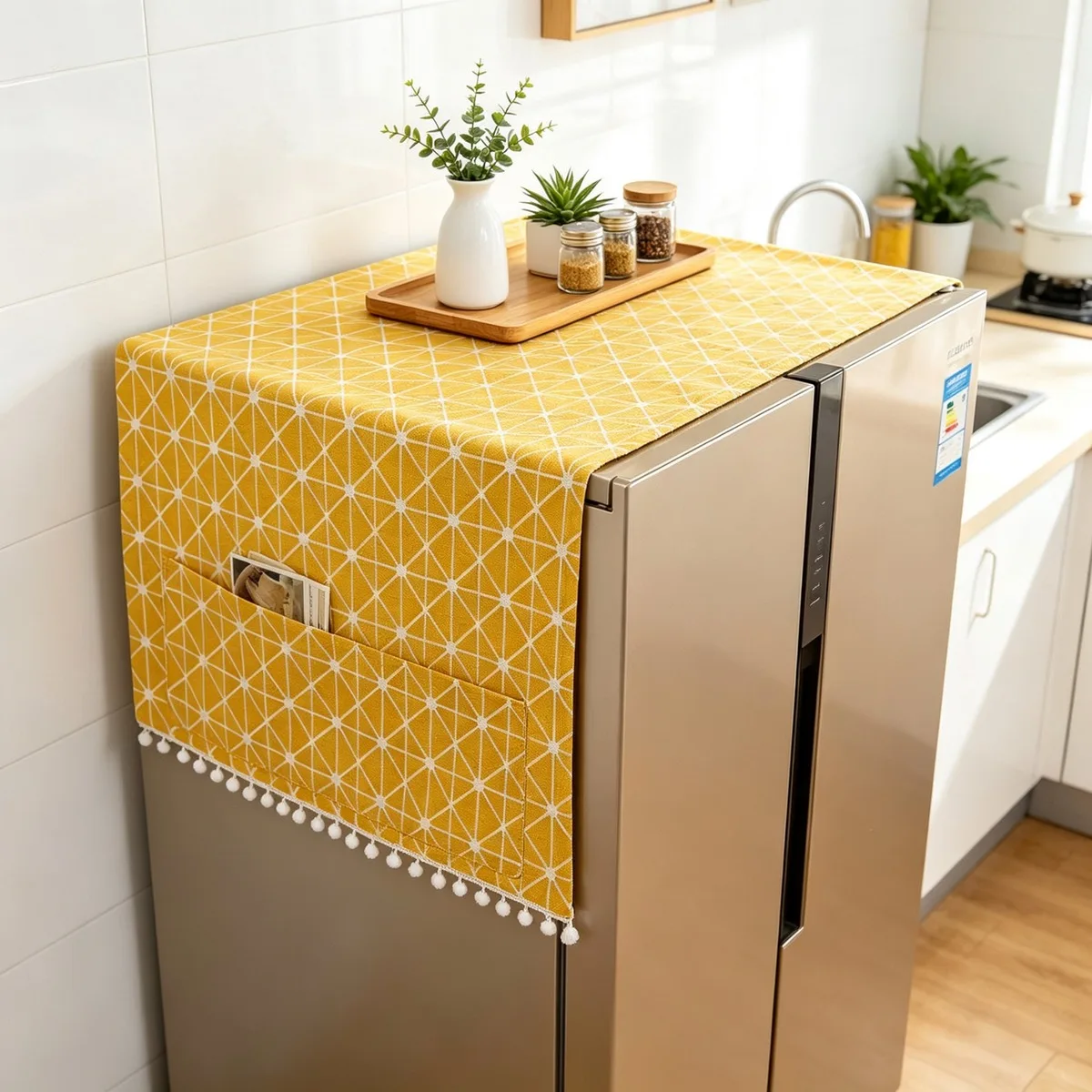 Double Door Fridge Dustproof Top Cover Washable Fridge Dust Cover Multi-Purpose Fridge Cover With Side Storage Organizer Pockets