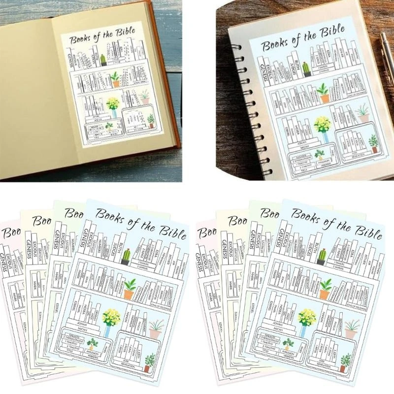 8 أوراق ملصق قراءة الكتاب المقدس 5 × 7 بوصة لمخطط دفتر دفتر دفتر الكتب على أرفف الكتاب المقدس تتبع القراءة ملصق التقدم