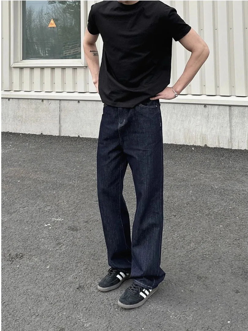 

Cleanfit Destructed Denim Blue Men's Jeans Knife Casual Flared Straight Leg American Retro Waed Blue Jeans