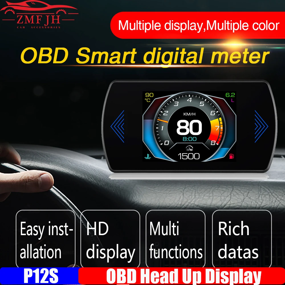 P12 HUD OBD Smart Meter Head Up Display Speedometer Acceleration RPM Water Temp Oil Level Overspeed Alarm for Petrol Car 12V