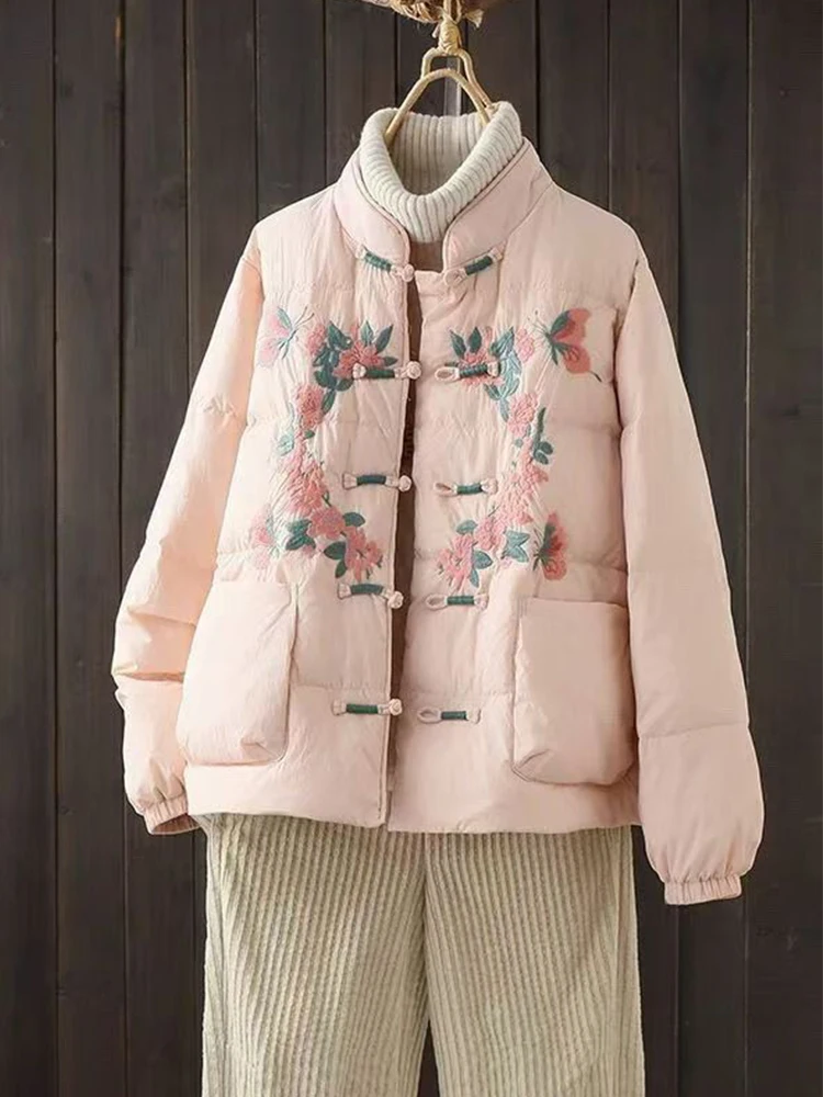 

Thiened Pink Embroidered down Cotton Jaet Women's Winter Coat Traditional Chinese Sle Button Frontal Plaet Warm Cotto...