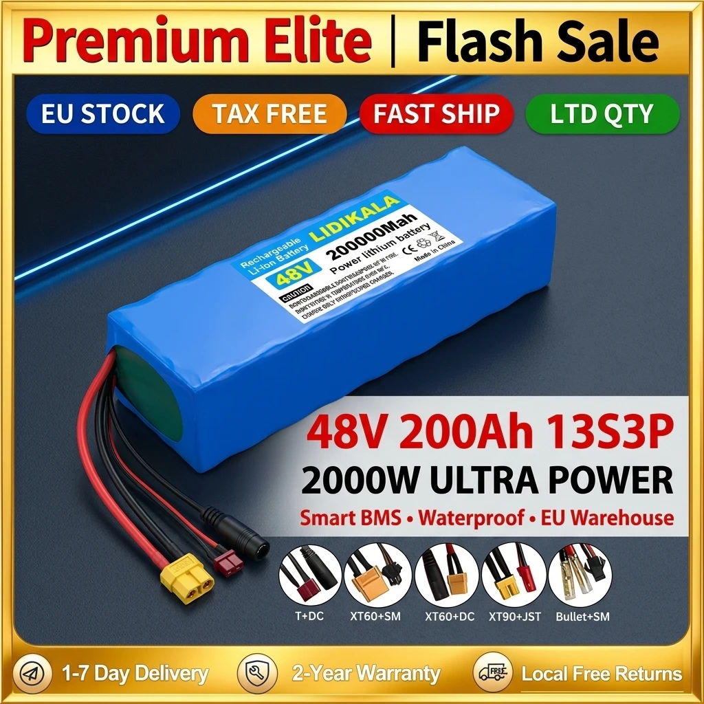 48V 200Ah 200000mAh Lithium-Batterie 13S3P 2000W Spitzenleistung Li-Ionen-Akkupack mit intelligentem BMS für E-Bike und Scooter