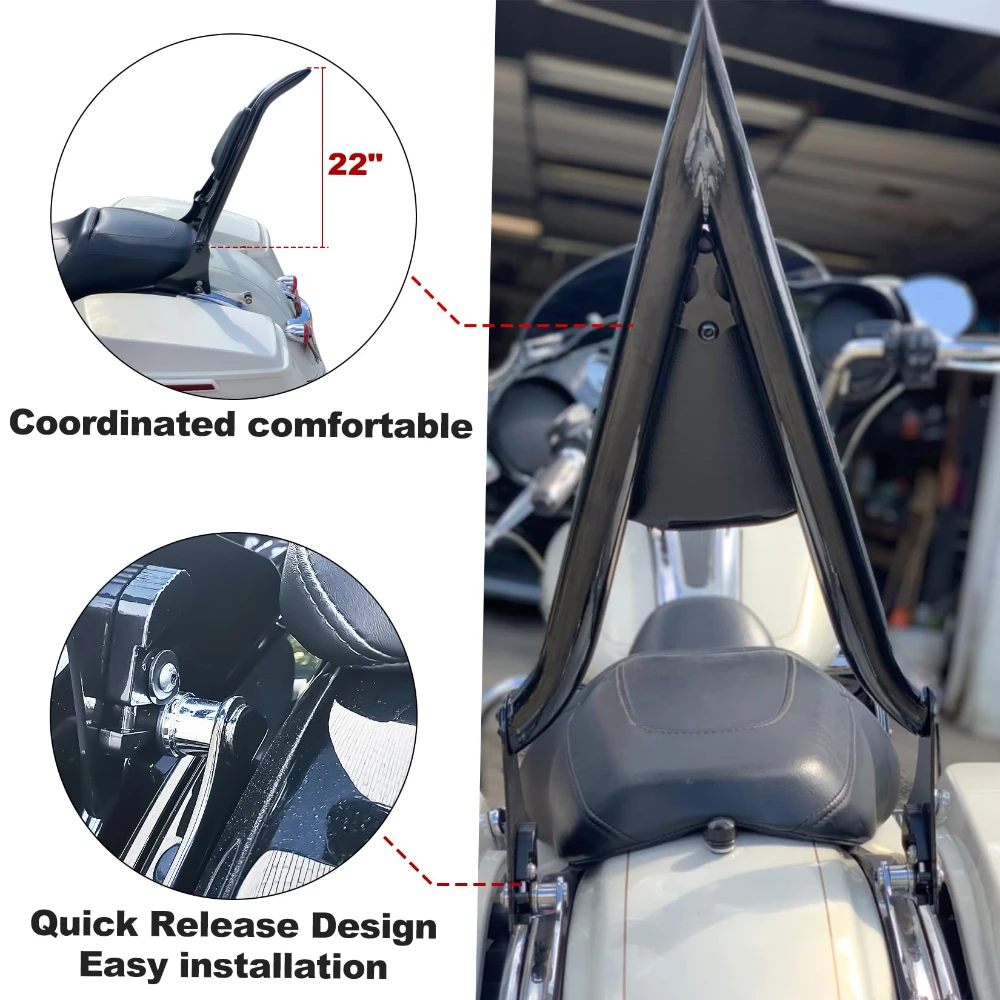 22 Inch Detachable Foldable Passenger Sissy Bar Backrest PU Leather Pad For Harley Touring FLHR FLHX FLHT FLTR 2009-2024 view 2