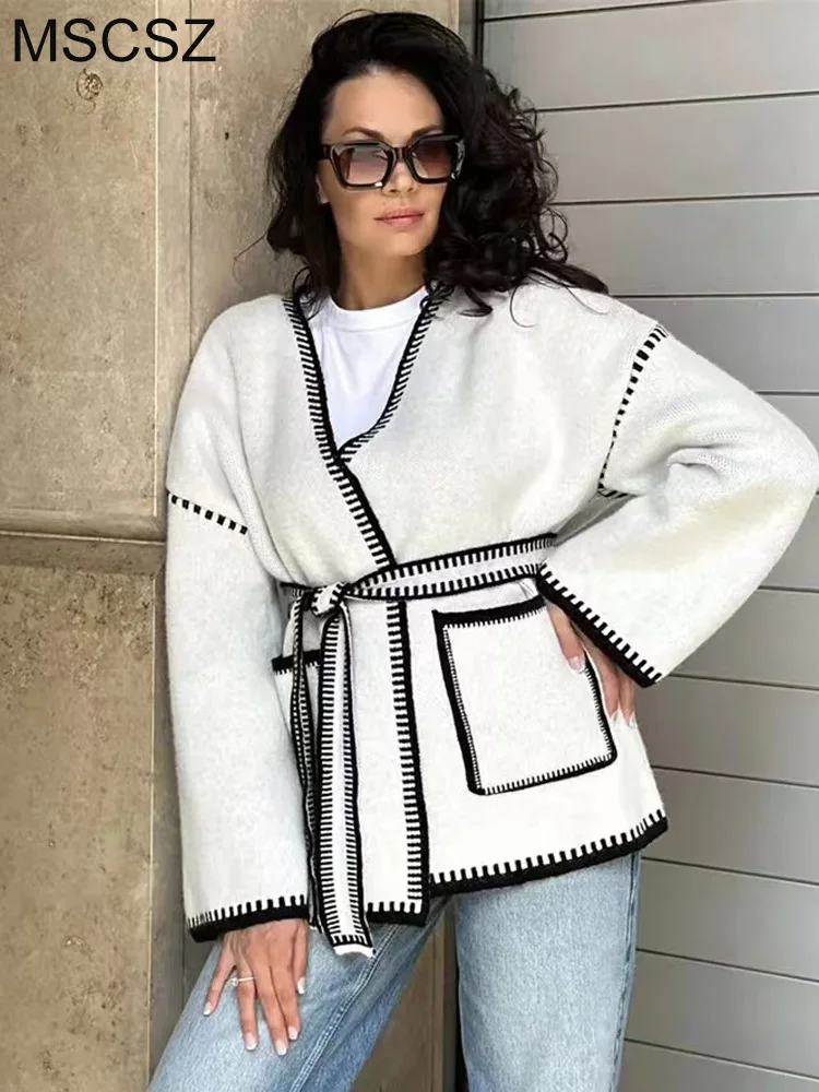 MSCSZ Contrast Stitched Knit Cardigan Woman Long Sleeve Oversize Cardigan With Belt Fashion Loose Sweater Jacket Outerwear