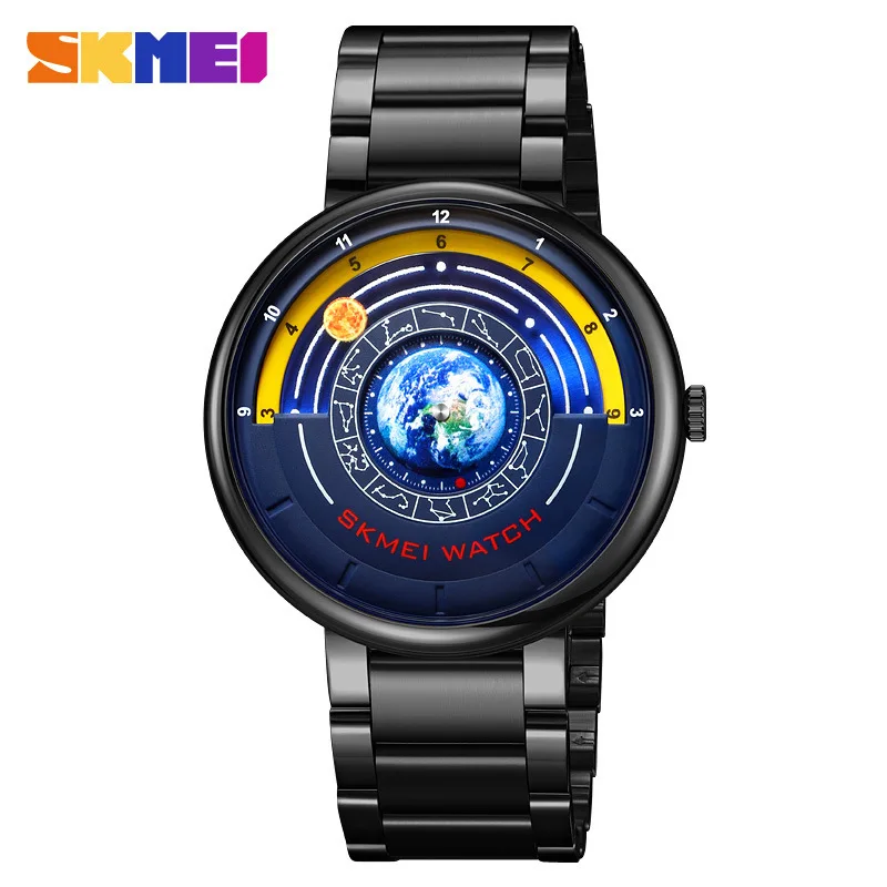 Cool Creative Pointerless Quartz Watch Trendy Blue Starry Night Unisex Waterproof Earth Design Wristwatch
