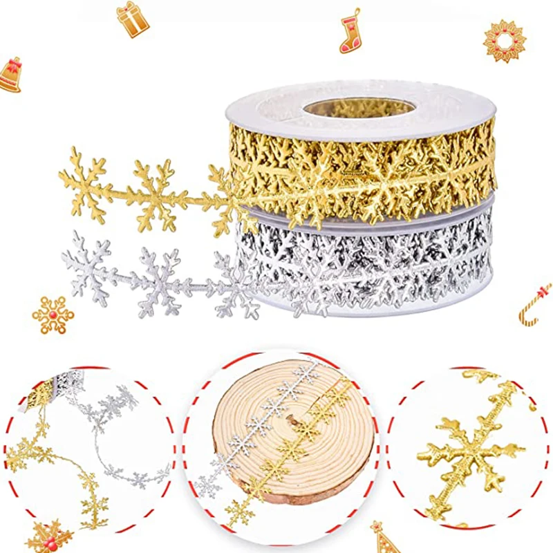 Silver Gold Glitter Ultrasonic Embossed Snowflake Lace Sewing Trim Ribbon Christmas Festive Birthday Wedding Wrapping Craft Dec