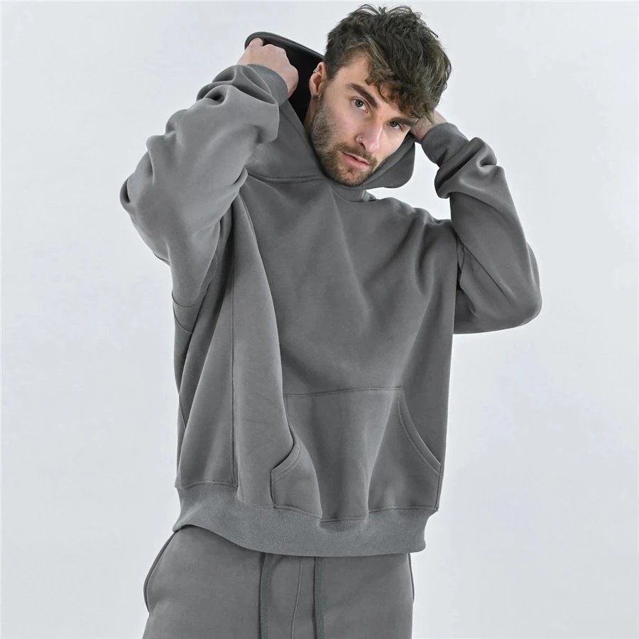 

Men Winter Gyms Cotton Hoodie Fitness Bodybuilding Sweatshirt Jacket High Kangaroo Pockets Quality Hoodie Clothing+pants